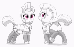 Size: 3371x2139 | Tagged: safe, artist:pabbley, earth pony, pony, butt, clothes, cute, dock, female, gray background, grayscale, guard armor, guardsmare, high res, looking back, mare, monochrome, panties, partial color, plot, rear view, royal guard, simple background, solo, stockings, tail, thigh highs, underwear