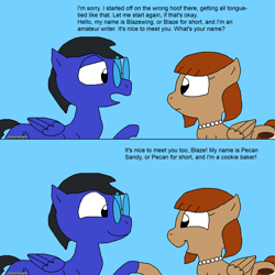 Size: 2000x2000 | Tagged: safe, artist:blazewing, oc, oc only, oc:blazewing, oc:pecan sandy, pegasus, pony, 2 panel comic, atg 2023, blue background, comic, drawpile, duo, female, glasses, high res, hoofshake, jewelry, male, mare, necklace, newbie artist training grounds, pearl necklace, simple background, smiling, stallion, talking, text