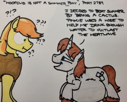 Size: 2048x1655 | Tagged: safe, artist:hoofclid, braeburn, oc, oc:hoofclid, earth pony, pony, unicorn, g4, belly, belly on floor, big belly, canon x oc, dialogue, duo, freckles, gay, inflation, looking at each other, looking at someone, male, shipping, stallion, water inflation