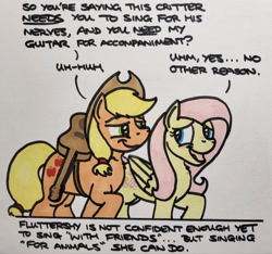 Size: 2048x1913 | Tagged: safe, artist:hoofclid, applejack, fluttershy, earth pony, pegasus, pony, g4, acoustic guitar, blushing, dialogue, duo, female, guitar, lesbian, looking at each other, looking at someone, mare, musical instrument, ship:appleshy, shipping, smiling, smiling at each other, text box, traditional art