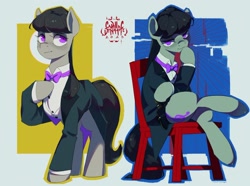 Size: 2300x1709 | Tagged: safe, artist:egil, octavia melody, earth pony, pony, g4, bowtie, chair, clothes, crossed legs, dagger, female, sitting, solo, tuxedo, weapon