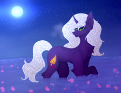 Size: 3047x2337 | Tagged: safe, artist:tocik, oc, oc only, oc:avrelia luculus, pony, unicorn, cheek fluff, chest fluff, colored, curved horn, ear fluff, female, high res, horn, leg fluff, mare, moon, night, night sky, raised hoof, sky, slender, solo, starry sky, sternocleidomastoid, thin, turned head, water
