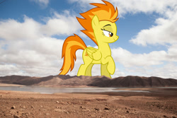 Size: 1280x853 | Tagged: safe, anonymous editor, artist:dashiesparkle, edit, spitfire, pegasus, pony, g4, bedroom eyes, female, folded wings, giant pony, giantess, highrise ponies, irl, lidded eyes, macro, mare, mountain, mountain range, photo, ponies in real life, raised hoof, sexy, solo, stupid sexy spitfire, wings