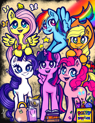 Size: 3400x4400 | Tagged: safe, artist:meowpuffs, applejack, fluttershy, pinkie pie, rainbow dash, rarity, twilight sparkle, alicorn, bird, butterfly, earth pony, pegasus, pony, unicorn, g4, apple, applejack's hat, bag, book, cowboy hat, cute, dashabetes, diapinkes, female, flying, food, group, hat, high res, horn, jackabetes, looking at you, mane six, mare, open mouth, open smile, purse, raribetes, sextet, shyabetes, signature, smiling, smiling at you, spread wings, stars, twiabetes, twilight sparkle (alicorn), wings