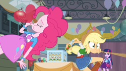 Size: 1280x720 | Tagged: safe, screencap, applejack, pinkie pie, twilight sparkle, human, equestria girls, g4, apple cider, balloon, blowing up balloons, boots, clothes, cowboy boots, cowboy hat, denim, denim skirt, hat, heart, heart balloon, inflating, shoes, skirt, spit take, stetson