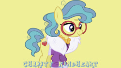 Size: 1920x1080 | Tagged: safe, artist:90sigma, edit, editor:jaredking779, charity kindheart, earth pony, pony, g4, clothes, female, glasses, jewelry, mare, necklace, pearl necklace, simple background, solo, yellow background