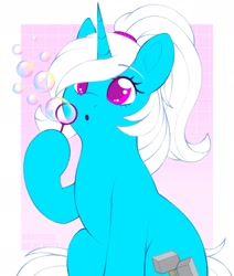 Size: 1642x1937 | Tagged: safe, artist:adostume, oc, oc:pummela, pony, unicorn, :o, blowing bubbles, bubble, bubble wand, horn, open mouth, ponytail, sitting, unicorn oc