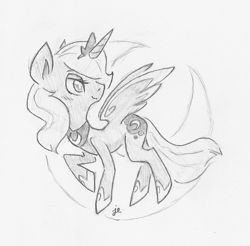 Size: 823x809 | Tagged: safe, artist:swiftcutter, princess luna, alicorn, pony, g4, crescent moon, female, mare, monochrome, moon, old art, pencil drawing, solo, traditional art