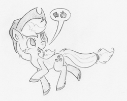 Size: 791x629 | Tagged: safe, artist:swiftcutter, applejack, earth pony, pony, g4, apple, arrow, food, monochrome, old art, palindrome get, pencil drawing, pictogram, solo, speech bubble, traditional art