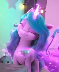 Size: 732x893 | Tagged: safe, screencap, izzy moonbow, spike, pony, unicorn, a little horse, g5, my little pony: make your mark, my little pony: make your mark chapter 4, spoiler:g5, spoiler:my little pony: make your mark, spoiler:my little pony: make your mark chapter 4, spoiler:mymc04e06, cup, cute, eyes closed, female, glowing, glowing horn, head tilt, horn, izzybetes, magic, magic aura, mare, plushie, smiling, spike plushie, teacup, teapot, telekinesis