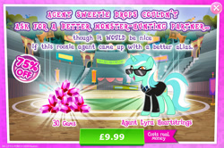 Size: 1956x1300 | Tagged: safe, gameloft, lyra heartstrings, pony, unicorn, g4, my little pony: magic princess, official, advertisement, clothes, costs real money, english, female, gem, horn, implied bon bon, introduction card, mare, mobile game, necktie, numbers, sale, solo, suit, sunglasses, text