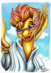 Size: 1751x2504 | Tagged: safe, artist:lupiarts, spitfire, pegasus, pony, g4, rainbow falls, bust, cloud, colored pencil drawing, comfy, copic, drawing, exercise, female, flying, high res, illustration, mare, markers, portrait, sky, spread wings, sunglasses, towel, traditional art, training, wings, wonderbolts, workout, workout outfit