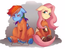 Size: 3072x2304 | Tagged: safe, artist:_saharts, fluttershy, rainbow dash, g4, bound wings, chained, chains, clothes, commissioner:rainbowdash69, cuffs, duo, high res, jumpsuit, never doubt rainbowdash69's involvement, prison outfit, prisoner fs, prisoner rd, shackles, sitting, wings