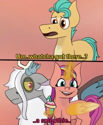 Size: 854x1034 | Tagged: safe, artist:_al_coda_, discord, hitch trailblazer, sunny starscout, alicorn, draconequus, earth pony, pony, g5, spoiler:g5comic, 2 panel comic, 2023, broken horn, comic, drink, horn, icarly, magic, male, mane stripe sunny, meme, missing the point, old man discord, ponified meme, race swap, smoothie, stallion, sunnycorn, telekinesis, trio, whatcha got there?