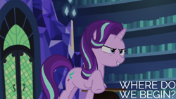 Size: 2000x1125 | Tagged: safe, edit, edited screencap, editor:quoterific, screencap, starlight glimmer, pony, unicorn, every little thing she does, g4, season 6, female, library, mare, solo, twilight's castle, twilight's castle library