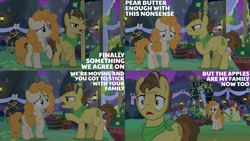 Size: 2000x1125 | Tagged: safe, edit, edited screencap, editor:quoterific, screencap, bright mac, cup cake, grand pear, granny smith, mayor mare, pear butter, earth pony, pony, g4, the perfect pear, candle, hay bale, lantern, pear tree, tree