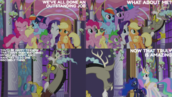 Size: 2000x1125 | Tagged: safe, edit, edited screencap, editor:quoterific, screencap, applejack, discord, fluttershy, pinkie pie, princess celestia, princess luna, rainbow dash, rarity, spike, twilight sparkle, alicorn, draconequus, earth pony, pegasus, pony, unicorn, g4, the summer sun setback, cute, dashabetes, diapinkes, flutterbat, heartwarming, jackabetes, mane six, race swap, raribetes, shyabetes