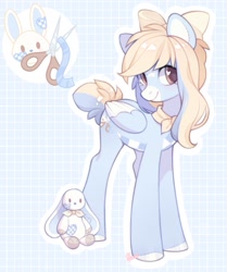 Size: 855x1024 | Tagged: safe, artist:fedos, oc, oc only, oc:ribbonline, pegasus, pony, abstract background, bow, female, hair bow, heart, heart eyes, looking at you, neckerchief, plushie, reference sheet, simple background, solo, wingding eyes