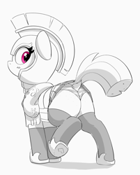 Size: 1714x2137 | Tagged: safe, artist:pabbley, edit, earth pony, pony, butt, butt freckles, clothes, cute, dock, female, freckles, gray background, grayscale, guard armor, guardsmare, looking back, mare, monochrome, panties, partial color, plot, rear view, royal guard, simple background, socks, solo, stockings, tail, tail hole, thigh highs, underwear