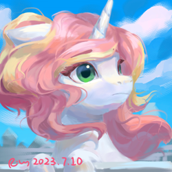 Size: 2300x2300 | Tagged: safe, artist:rily, oc, pony, unicorn, green eyes, high res, looking up, pink hair, sky, solo
