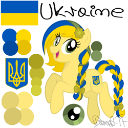 Size: 2048x2048 | Tagged: safe, artist:diament-tf, artist:doraair, oc, oc only, oc:ukraine, earth pony, pony, base used, braid, coat of arms, female, headband, high res, mare, nation ponies, open mouth, ponified, reference sheet, ribbon, simple background, solo, speedpaint available, ukraine, white background
