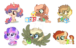 Size: 1280x811 | Tagged: safe, artist:princess-kitsune-tsu, oc, oc only, earth pony, hybrid, pegasus, pony, unicorn, baby, baby pony, base used, blocks, cute, female, filly, foal, freckles, hair over one eye, interspecies offspring, large wings, lying down, magical lesbian spawn, ocbetes, offspring, on back, parent:applejack, parent:autumn blaze, parent:big macintosh, parent:bon bon, parent:derpy hooves, parent:doctor whooves, parent:dumbbell, parent:fluttershy, parent:lightning dust, parent:lyra heartstrings, parent:party favor, parent:pinkie pie, parents:autumnjack, parents:doctorderpy, parents:fluttermac, parents:lightningbell, parents:lyrabon, parents:partypie, prone, simple background, sitting, sploot, spread wings, transparent background, wing freckles, wings