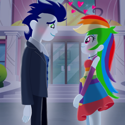 Size: 1400x1400 | Tagged: safe, artist:mlplary6, rainbow dash, soarin', human, equestria girls, g4, blushing, clothes, dress, fall formal outfits, female, heart, looking at each other, looking at someone, male, romantic, ship:soarindash, shipping, smiling, smiling at each other, straight, tuxedo