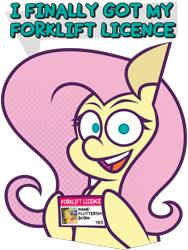 Size: 3384x4510 | Tagged: safe, artist:threetwotwo32232, fluttershy, pegasus, pony, g4, female, forklift certified, id card, license, looking at you, mare, meme, simple background, solo, transparent background