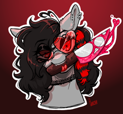 Size: 1500x1400 | Tagged: safe, artist:curryrice, oc, pony, bust, choker, coontails, ear piercing, eye clipping through hair, forked tongue, glasses, heart shaped glasses, knife, mouth hold, piercing, solo