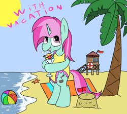 Size: 2000x1800 | Tagged: safe, artist:amateur-draw, oc, oc only, oc:belle boue, pony, unicorn, beach, beach ball, beach towel, bipedal, clothes, crossdressing, food, ice cream, looking at you, ocean, one-piece swimsuit, palm tree, sandcastle, swimsuit, tree, water