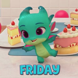 Size: 1080x1080 | Tagged: safe, screencap, sparky sparkeroni, dragon, g5, izzy does it, my little pony: make your mark, my little pony: make your mark chapter 2, official, spoiler:g5, baby, baby dragon, birthday cake, cake, cute, food, friday, happy, male, open mouth, open smile, plate, smiling, solo, sparkybetes, text