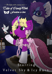 Size: 2894x4093 | Tagged: safe, artist:spiroudada, oc, oc only, oc:velvet sky, bird, pony, unicorn, boat, bow, castle, clothes, crossdressing, cute, male, movie poster, night, pink, pink dress, princess, smiling, solo, stallion, stars