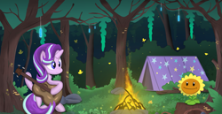 Size: 2705x1396 | Tagged: safe, artist:weiling, starlight glimmer, butterfly, pony, unicorn, g4, campfire, crossover, cute, female, flower, forest, glowing, guitar, leaf, mare, musical instrument, night, plants vs zombies, simple background, sitting, solo, sunflower, tree