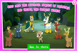 Size: 1957x1300 | Tagged: safe, gameloft, idw, blackthorn, bramble, king aspen, pathfinder (g4), queen birch, deer, g4, my little pony: magic princess, official, advertisement, antlers, clothes, collar, doe, english, female, helmet, idw showified, male, mobile game, stag, text, unnamed character, unnamed deer