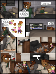 Size: 1750x2333 | Tagged: safe, artist:99999999000, oc, oc only, oc:zhang cathy, oc:zhang xiangfan, earth pony, pony, comic:grow with children, comic, couch, father, father and child, father and daughter, female, filly, foal, male, rain, television, umbrella