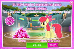 Size: 1957x1300 | Tagged: safe, gameloft, apple bloom, earth pony, pony, g4, my little pony: magic princess, advertisement, bow, costs real money, english, female, gem, hair bow, introduction card, mare, mobile game, numbers, older, older apple bloom, sale, solo, text