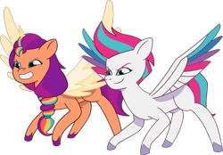 Size: 1277x889 | Tagged: safe, edit, edited screencap, editor:pascalmulokozi2, screencap, sunny starscout, zipp storm, alicorn, pegasus, pony, g5, mission imponable, my little pony: tell your tale, spoiler:g5, spoiler:my little pony: tell your tale, spoiler:tyts01e49, background removed, competition, female, mane stripe sunny, mare, not a vector, race swap, simple background, sunnycorn, transparent background