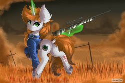 Size: 1280x854 | Tagged: safe, artist:natanvok, oc, oc only, oc:littlepip, pony, unicorn, fallout equestria, bandage, butt, female, gun, magic, mare, pipbutt, plot, power line, rifle, sniper rifle, solo, weapon, zebra rifle