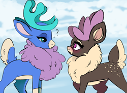 Size: 802x588 | Tagged: safe, artist:smokeytwilight, dancer (tfh), oc, oc:comfy (tfh), deer, reindeer, them's fightin' herds, canon x oc, community related, deer oc, duo, non-pony oc, simple background, tfh oc