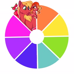 Size: 2048x2048 | Tagged: safe, artist:carouselunique, big macintosh, oc, oc:ambrosia, earth pony, pegasus, pony, g4, apple, color wheel challenge, father and child, father and daughter, female, filly, foal, food, freckles, happy, high res, male, offspring, parent:big macintosh, parent:princess cadance, parents:cadmac, smiling, stallion