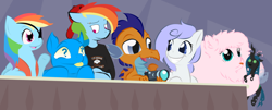 Size: 1280x518 | Tagged: safe, artist:askmerriweatherauthor, queen chrysalis, rainbow dash, oc, oc:fluffle puff, oc:frigid drift, oc:wiggles, dragon, g4, pirate dash, plushie, serious rainbow