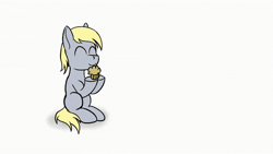 Size: 600x338 | Tagged: safe, artist:enteryourponyname, clementine, derpy hooves, bird, giraffe, pegasus, pony, g4, animated, food, gif, hand, happy, misleading thumbnail, muffin, muffin denial, sad, scared, shaking, stealing, that pony sure does love muffins