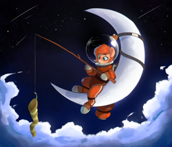 Size: 3120x2669 | Tagged: safe, artist:rexyseven, oc, oc:rusty gears, earth pony, pony, cloud, crescent moon, dreamworks, female, fishing rod, high res, mare, moon, sock, solo, spacesuit, tangible heavenly object, transparent moon