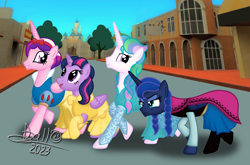Size: 3264x2151 | Tagged: safe, artist:tidmouthmilk12, princess cadance, princess celestia, princess luna, twilight sparkle, alicorn, pony, g4, alicorn tetrarchy, alternate hairstyle, anna, atg 2023, belle, boots, bow, braid, braided pigtails, cape, clothes, costume, disney, disney princess, disneyland, dress, elsa, female, frozen (movie), gloves, grin, grumpy, hair bow, high res, mare, newbie artist training grounds, pigtails, puffy sleeves, shoes, signature, skirt, smiling, snow white, twilight sparkle (alicorn), unamused
