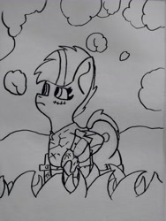 Size: 3456x4608 | Tagged: safe, artist:acid flask, oc, oc only, bat pony, april fools 2023, armor, bandage, bat pony oc, clothes, female, ink, looking offscreen, mare, night guard, scar, short mane, short tail, sketchbook, solo, story included, tail, traditional art