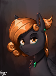 Size: 1000x1346 | Tagged: safe, artist:vezja, oc, oc only, pegasus, pony, abstract background, bust, chest fluff, ear fluff, ear piercing, earring, female, jewelry, looking at you, makeup, mare, necklace, piercing, ponytail, portrait, signature, smiling, smiling at you, solo, wings