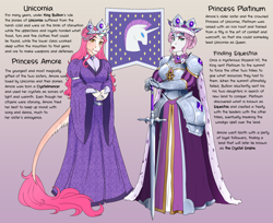 Size: 3874x3160 | Tagged: safe, artist:askbubblelee, princess amore, princess platinum, unicorn, anthro, unguligrade anthro, g4, armor, banner, beauty mark, clothes, crown, digital art, female, gradient background, high res, jewelry, leonine tail, lore, mare, regalia, serious, serious face, sword, tail, unicornia, weapon