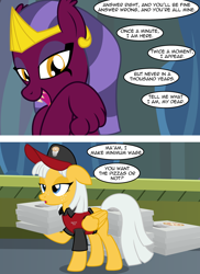 Size: 2552x3508 | Tagged: safe, artist:badumsquish, derpibooru exclusive, the sphinx, oc, oc:falling comet, pegasus, pony, sphinx, g4, 2 panel comic, baseball cap, cap, clothes, comic, deadpan, delivery pony, dialogue, duo, egyptian, egyptian headdress, eye contact, eyeshadow, fangs, female, folded wings, food, freckles, grin, hat, headdress, high res, looking at each other, looking at someone, makeup, mare, pizza, pizza box, pizza delivery, pyramid, riddle, sharp teeth, shirt, show accurate, smiling, smug, somnambula (location), talking, teeth, unamused, vest, wings