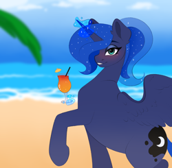 Size: 1700x1666 | Tagged: safe, artist:vetta, princess luna, alicorn, pony, g4, alcohol, beach, cocktail, drink, female, mare, ocean, palm tree, smiling, solo, spread wings, tree, water, wings