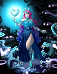 Size: 2550x3300 | Tagged: safe, artist:askbubblelee, princess amore, umbrum, unicorn, anthro, unguligrade anthro, g4, clothes, crown, crystal heart, crystal horn, digital art, fangs, female, high res, horn, jewelry, lore, mare, regalia, sharp teeth, side slit, teeth, total sideslit